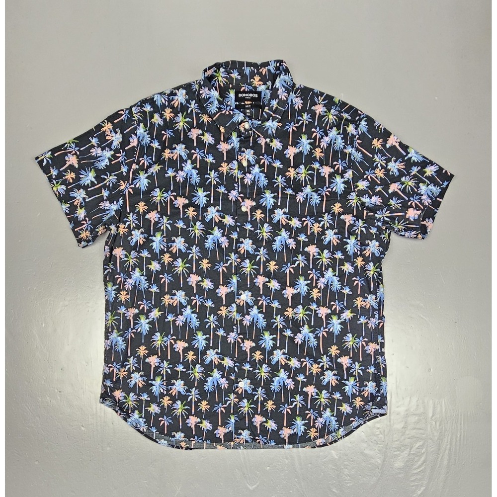 Bonobos Button Up Shirt Mens 2X Slim Fit Black Palm Tree Stretch Short Sleeve